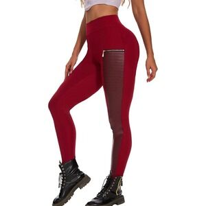 Flamingo Womens Red Moto Leggi Faux Leather Panel Zipper High Waisted Stretch XL